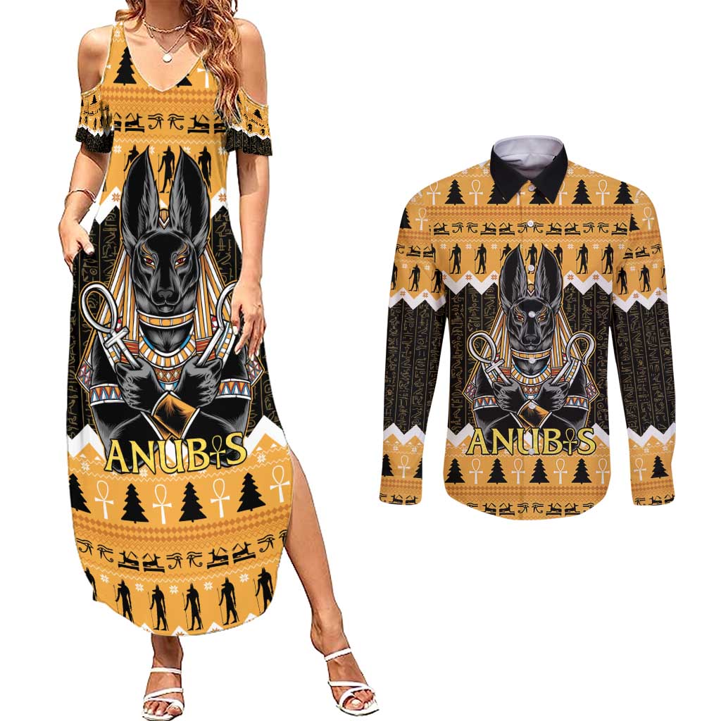 Ancient Egyptian Christmas Couples Matching Summer Maxi Dress and Long Sleeve Button Shirt Anubis Eid Milad Majid - Wonder Print Shop