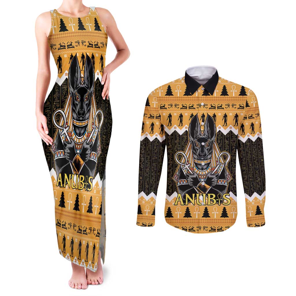 Ancient Egyptian Christmas Couples Matching Tank Maxi Dress and Long Sleeve Button Shirt Anubis Eid Milad Majid - Wonder Print Shop