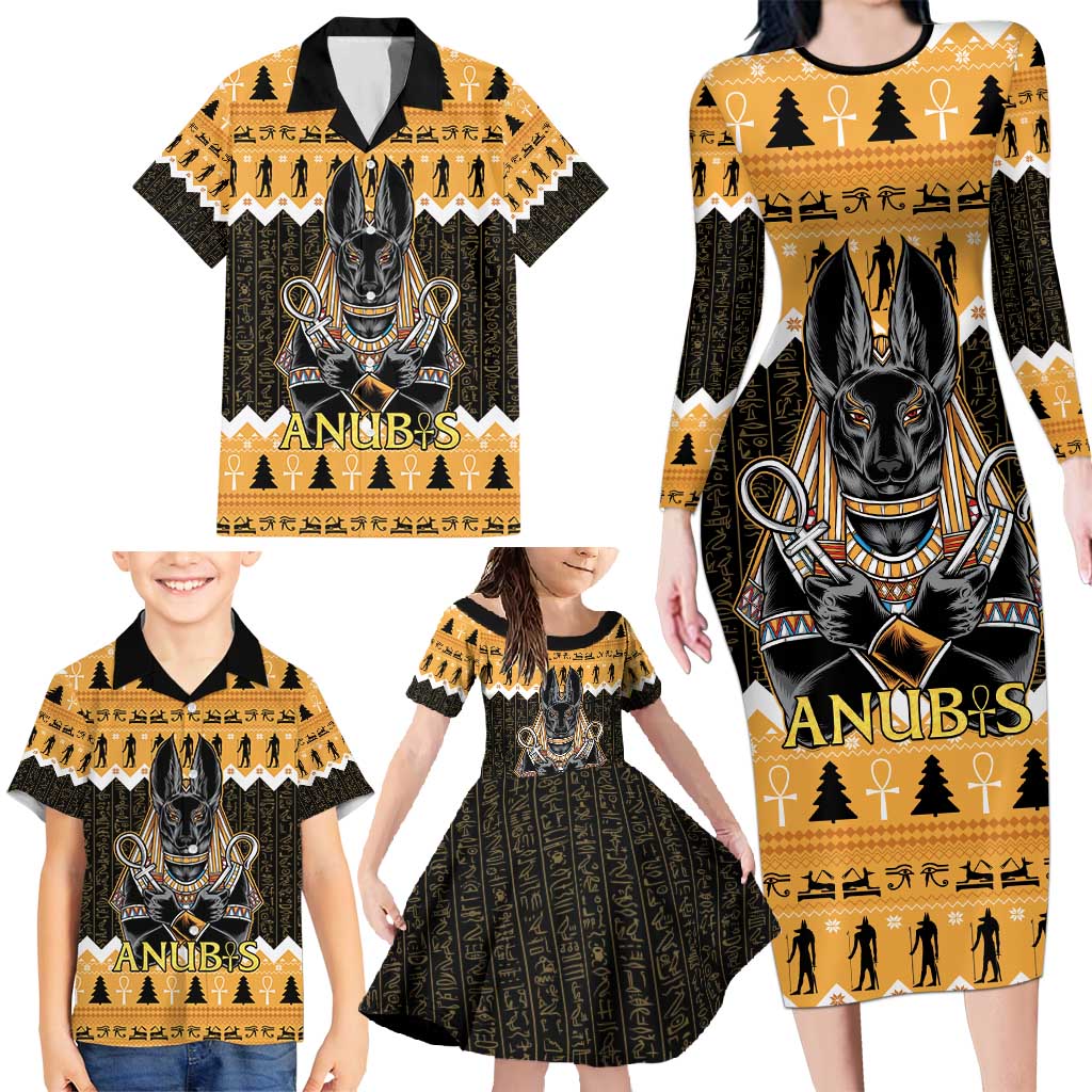 Ancient Egyptian Christmas Family Matching Long Sleeve Bodycon Dress and Hawaiian Shirt Anubis Eid Milad Majid - Wonder Print Shop