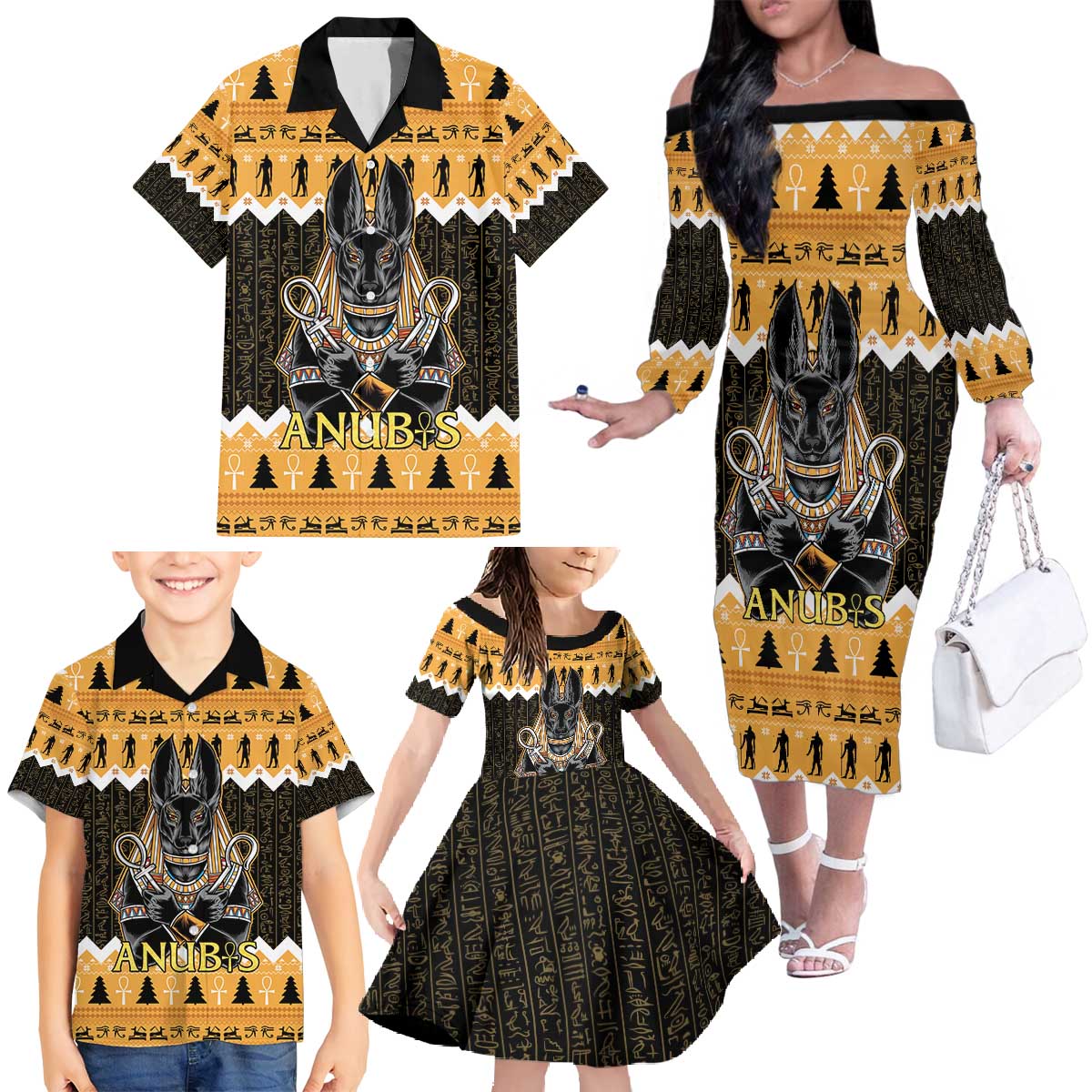 Ancient Egyptian Christmas Family Matching Off The Shoulder Long Sleeve Dress and Hawaiian Shirt Anubis Eid Milad Majid - Wonder Print Shop