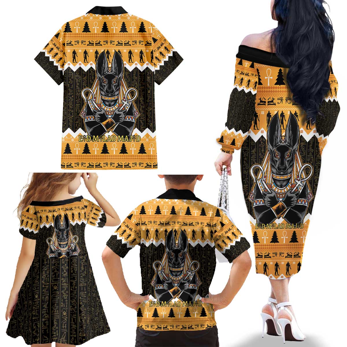 Ancient Egyptian Christmas Family Matching Off The Shoulder Long Sleeve Dress and Hawaiian Shirt Anubis Eid Milad Majid - Wonder Print Shop
