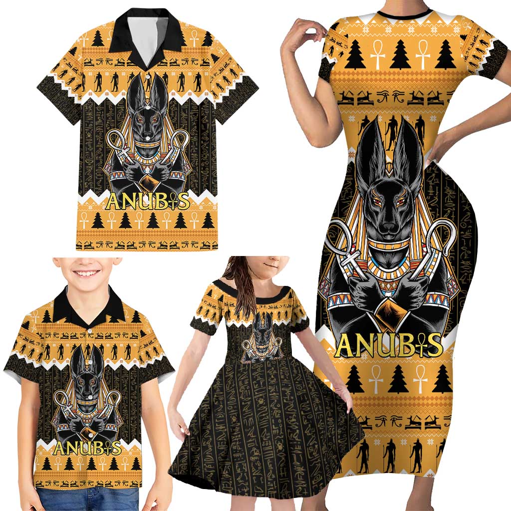 Ancient Egyptian Christmas Family Matching Short Sleeve Bodycon Dress and Hawaiian Shirt Anubis Eid Milad Majid - Wonder Print Shop