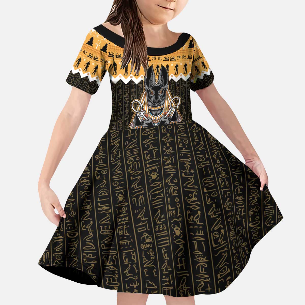 Ancient Egyptian Christmas Kid Short Sleeve Dress Anubis Eid Milad Majid - Wonder Print Shop