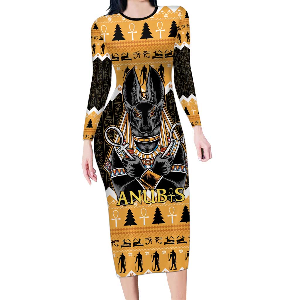 Ancient Egyptian Christmas Long Sleeve Bodycon Dress Anubis Eid Milad Majid - Wonder Print Shop