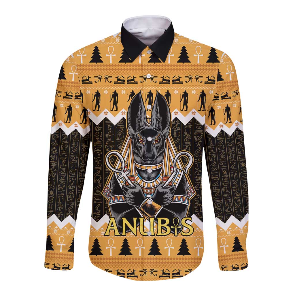 Ancient Egyptian Christmas Long Sleeve Button Shirt Anubis Eid Milad Majid - Wonder Print Shop