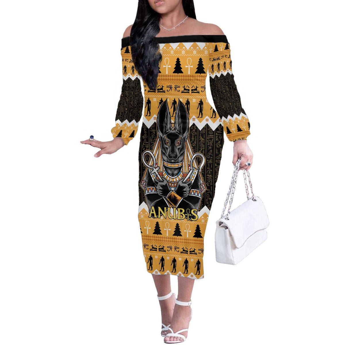 Ancient Egyptian Christmas Off The Shoulder Long Sleeve Dress Anubis Eid Milad Majid - Wonder Print Shop
