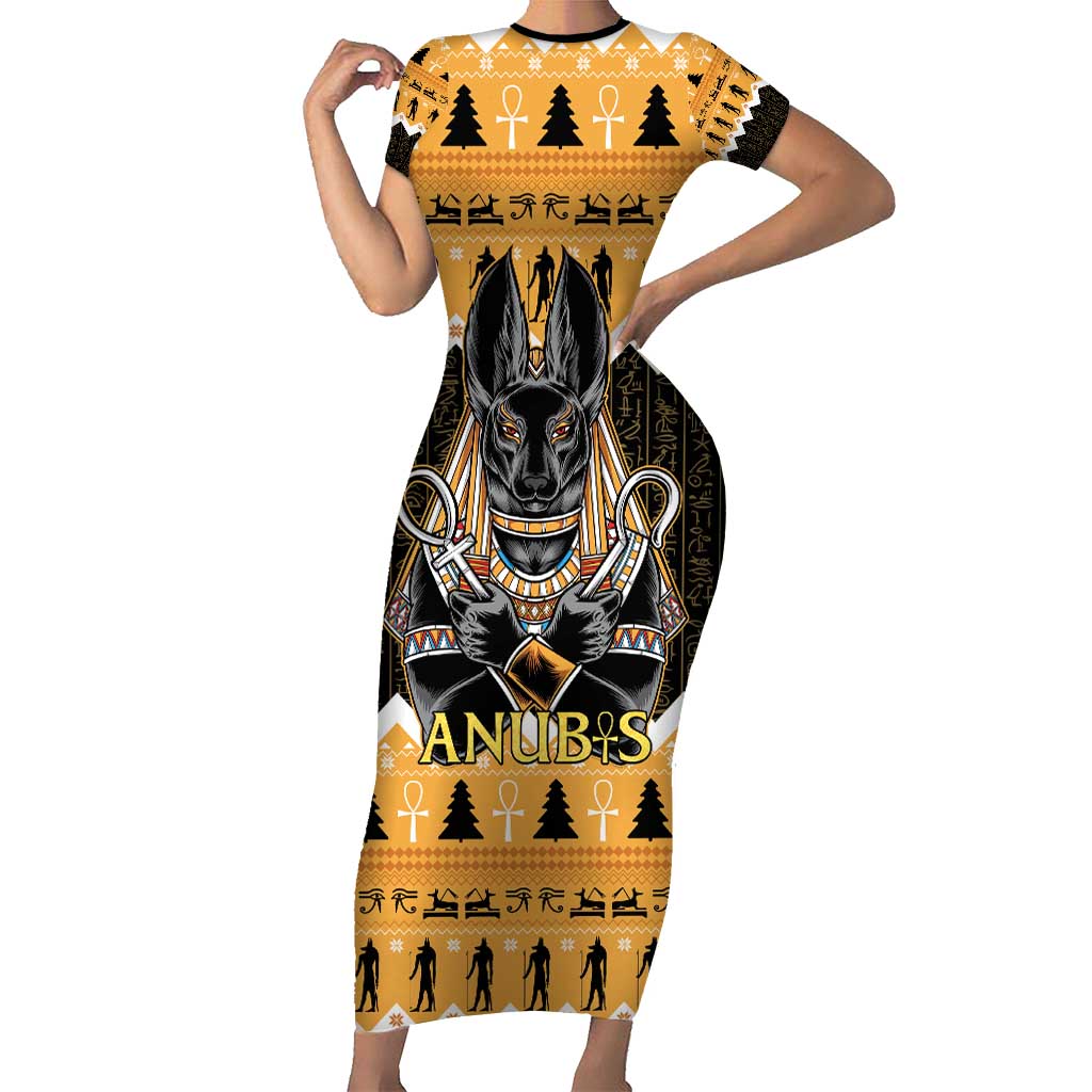 Ancient Egyptian Christmas Short Sleeve Bodycon Dress Anubis Eid Milad Majid - Wonder Print Shop
