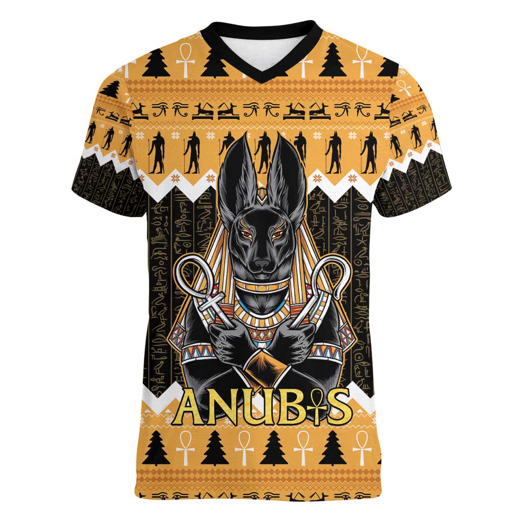 Ancient Egyptian Christmas Women V-Neck T-Shirt Anubis Eid Milad Majid - Wonder Print Shop