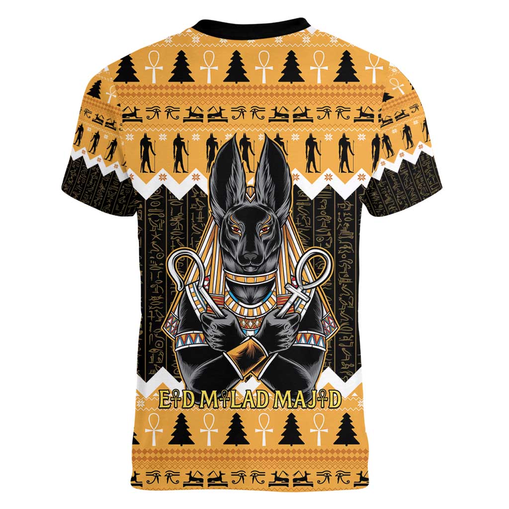 Ancient Egyptian Christmas Women V-Neck T-Shirt Anubis Eid Milad Majid - Wonder Print Shop