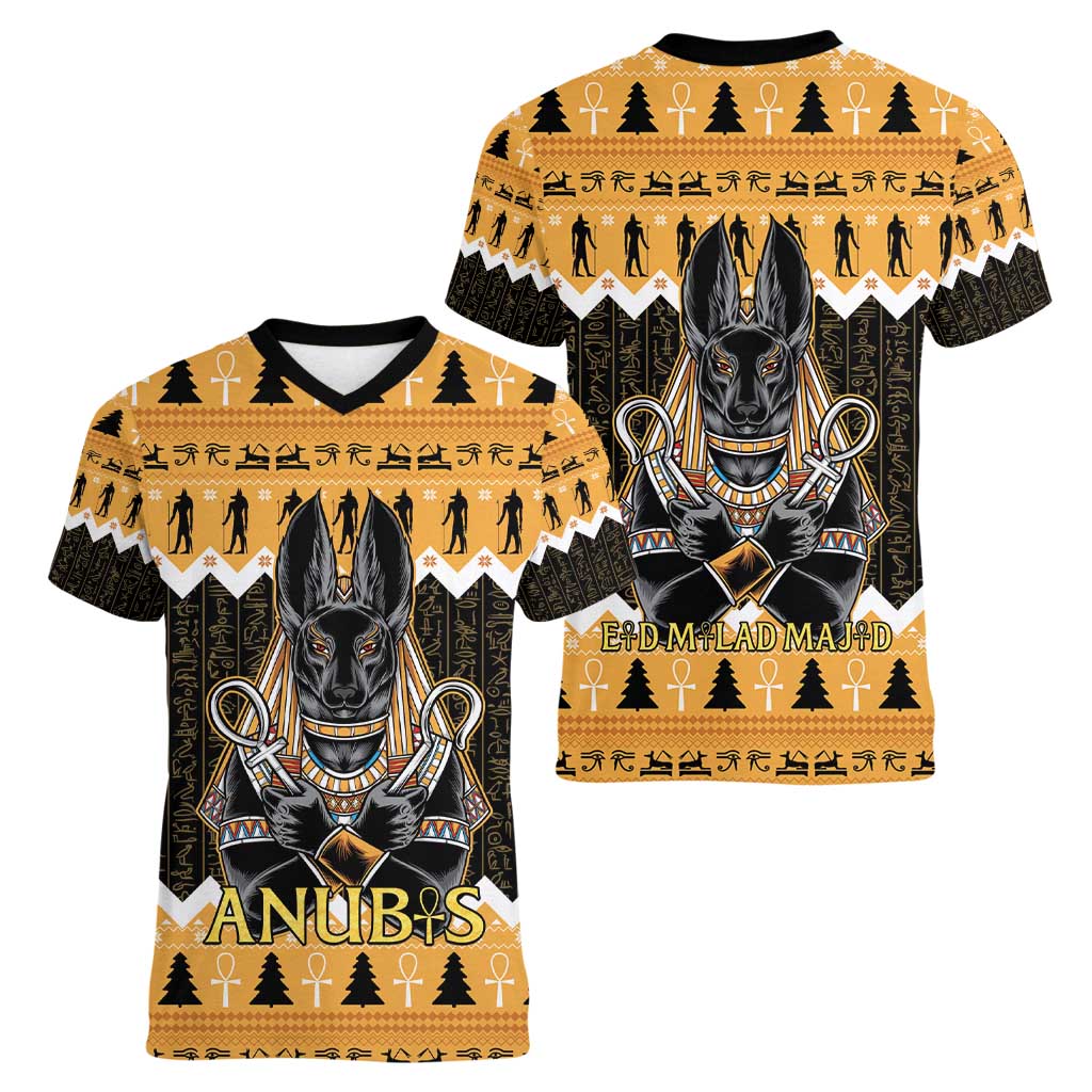 Ancient Egyptian Christmas Women V-Neck T-Shirt Anubis Eid Milad Majid - Wonder Print Shop