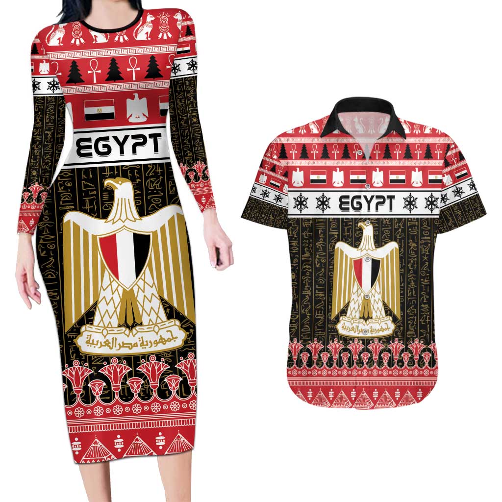 Egypt Christmas Couples Matching Long Sleeve Bodycon Dress and Hawaiian Shirt Coat Of Arms Eid Milad Majid - Wonder Print Shop