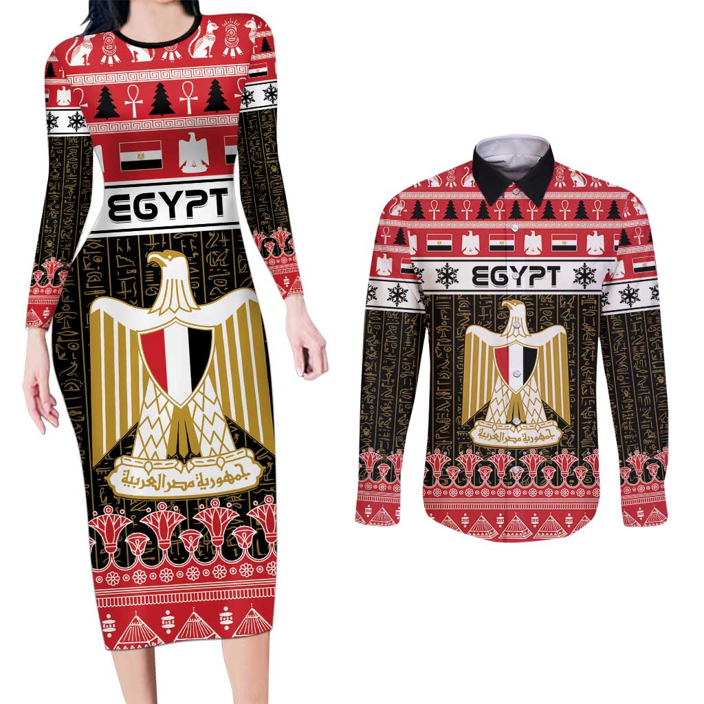 Egypt Christmas Couples Matching Long Sleeve Bodycon Dress and Long Sleeve Button Shirt Coat Of Arms Eid Milad Majid - Wonder Print Shop
