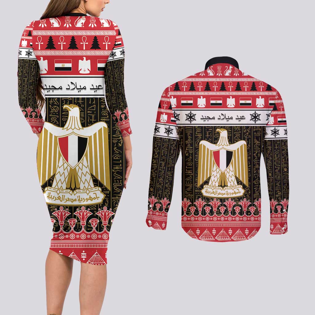 Egypt Christmas Couples Matching Long Sleeve Bodycon Dress and Long Sleeve Button Shirt Coat Of Arms Eid Milad Majid LT15