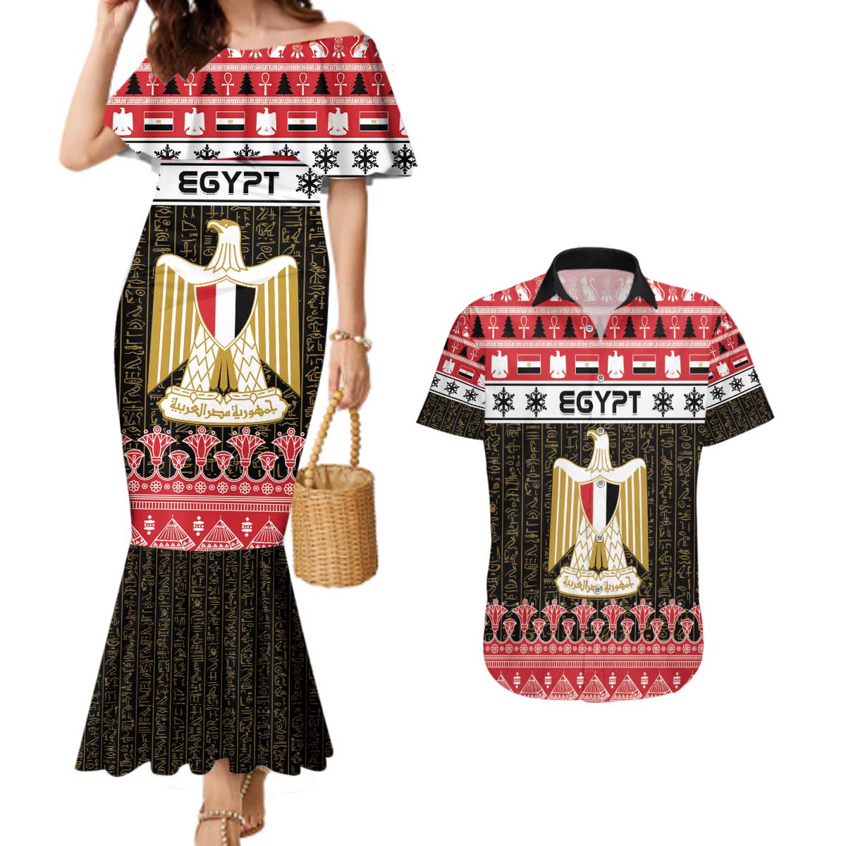 Egypt Christmas Couples Matching Mermaid Dress and Hawaiian Shirt Coat Of Arms Eid Milad Majid - Wonder Print Shop