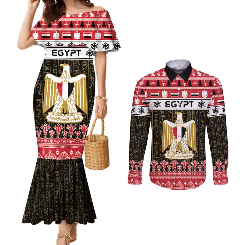 Egypt Christmas Couples Matching Mermaid Dress and Long Sleeve Button Shirt Coat Of Arms Eid Milad Majid