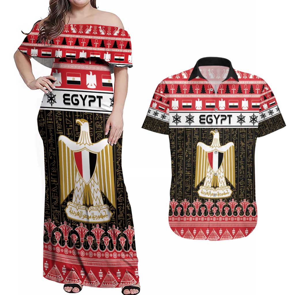 Egypt Christmas Couples Matching Off Shoulder Maxi Dress and Hawaiian Shirt Coat Of Arms Eid Milad Majid - Wonder Print Shop