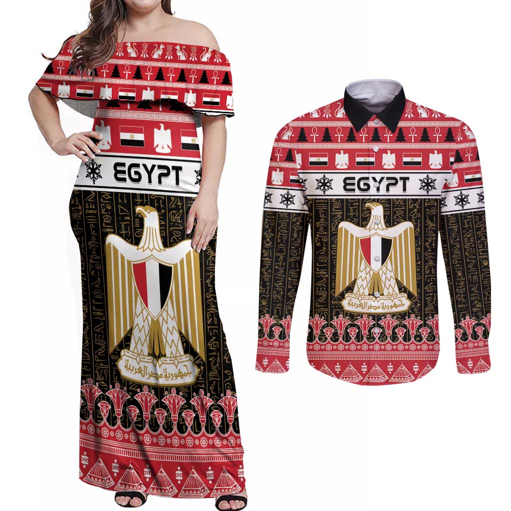 Egypt Christmas Couples Matching Off Shoulder Maxi Dress and Long Sleeve Button Shirt Coat Of Arms Eid Milad Majid - Wonder Print Shop