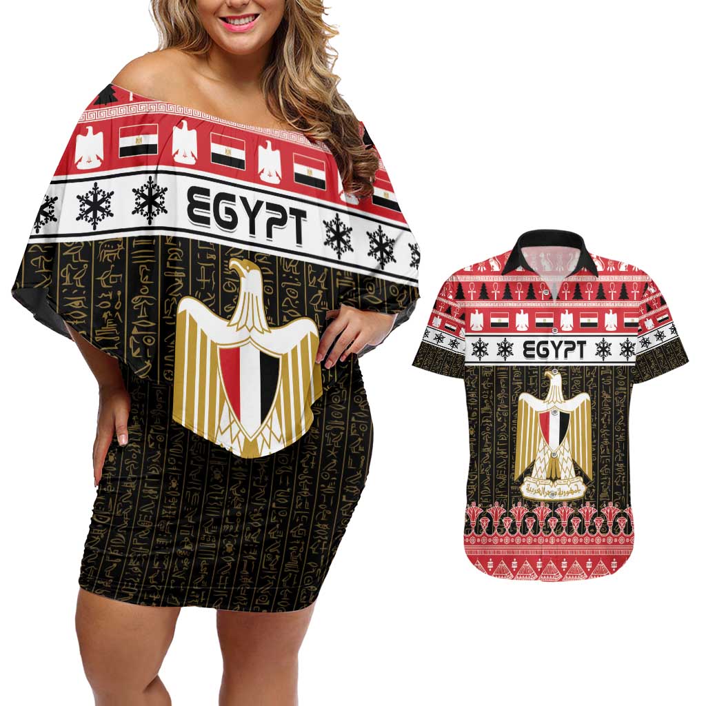 Egypt Christmas Couples Matching Off Shoulder Short Dress and Hawaiian Shirt Coat Of Arms Eid Milad Majid - Wonder Print Shop