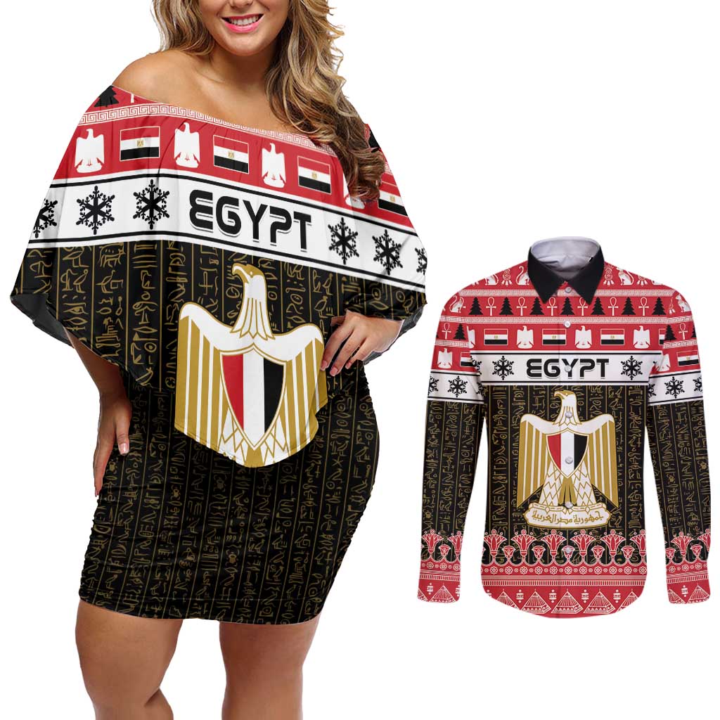 Egypt Christmas Couples Matching Off Shoulder Short Dress and Long Sleeve Button Shirt Coat Of Arms Eid Milad Majid - Wonder Print Shop