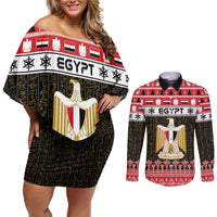 Egypt Christmas Couples Matching Off Shoulder Short Dress and Long Sleeve Button Shirt Coat Of Arms Eid Milad Majid LT15
