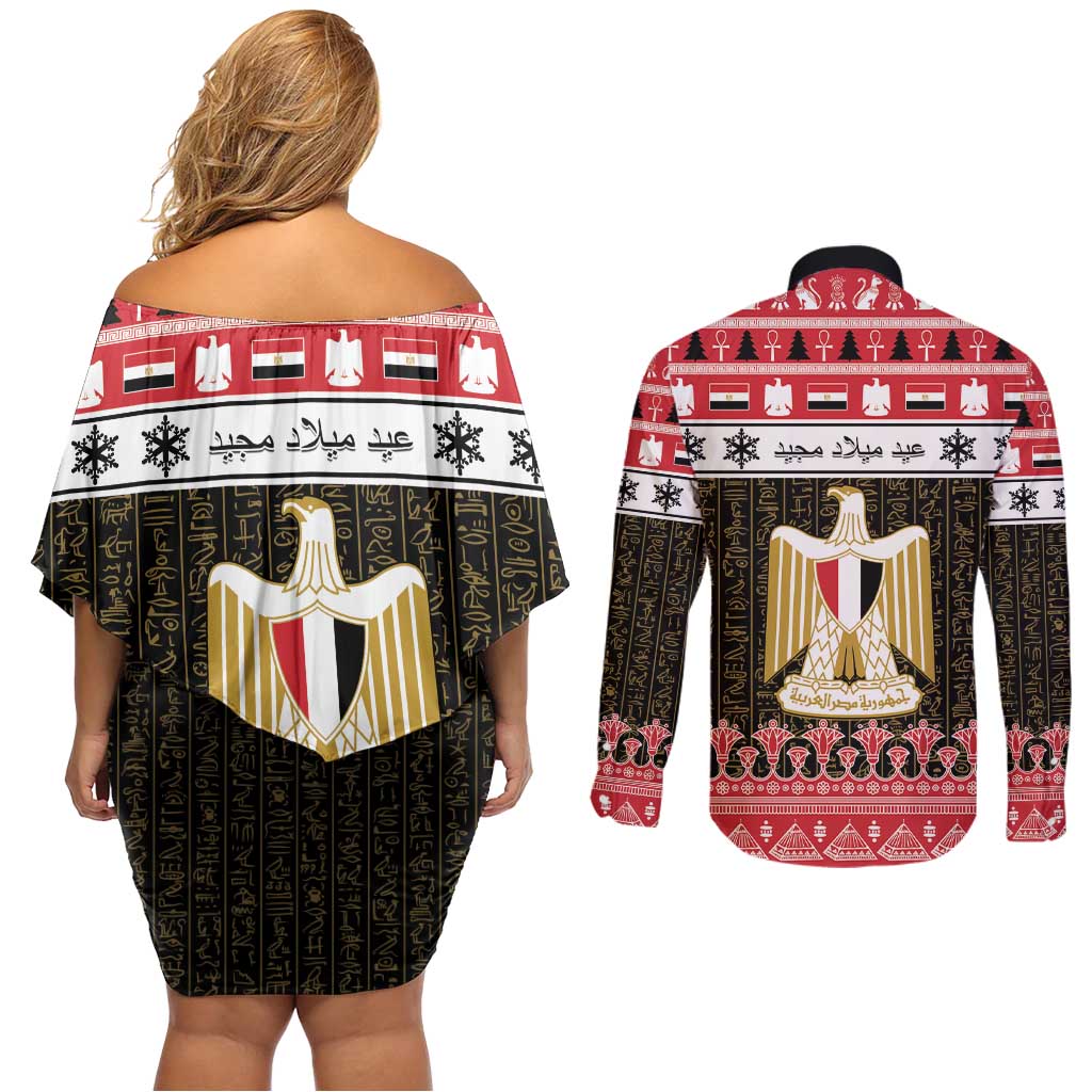 Egypt Christmas Couples Matching Off Shoulder Short Dress and Long Sleeve Button Shirt Coat Of Arms Eid Milad Majid LT15