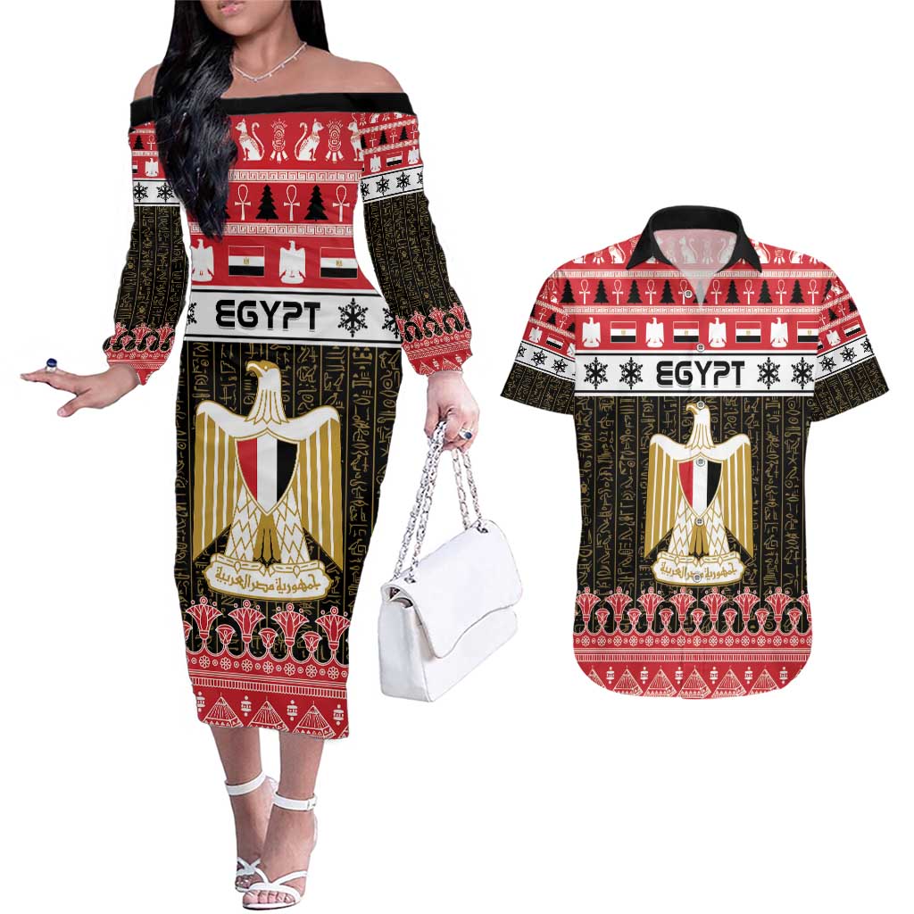 Egypt Christmas Couples Matching Off The Shoulder Long Sleeve Dress and Hawaiian Shirt Coat Of Arms Eid Milad Majid - Wonder Print Shop
