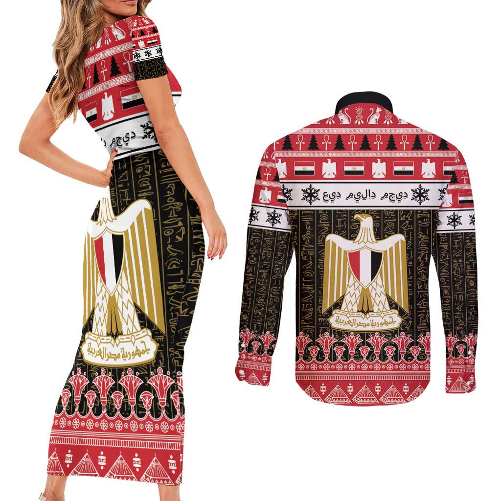 Egypt Christmas Couples Matching Short Sleeve Bodycon Dress and Long Sleeve Button Shirt Coat Of Arms Eid Milad Majid - Wonder Print Shop