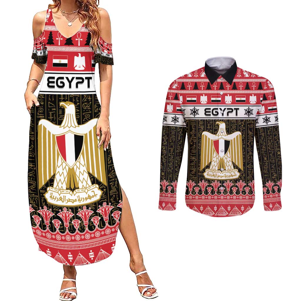 Egypt Christmas Couples Matching Summer Maxi Dress and Long Sleeve Button Shirt Coat Of Arms Eid Milad Majid - Wonder Print Shop