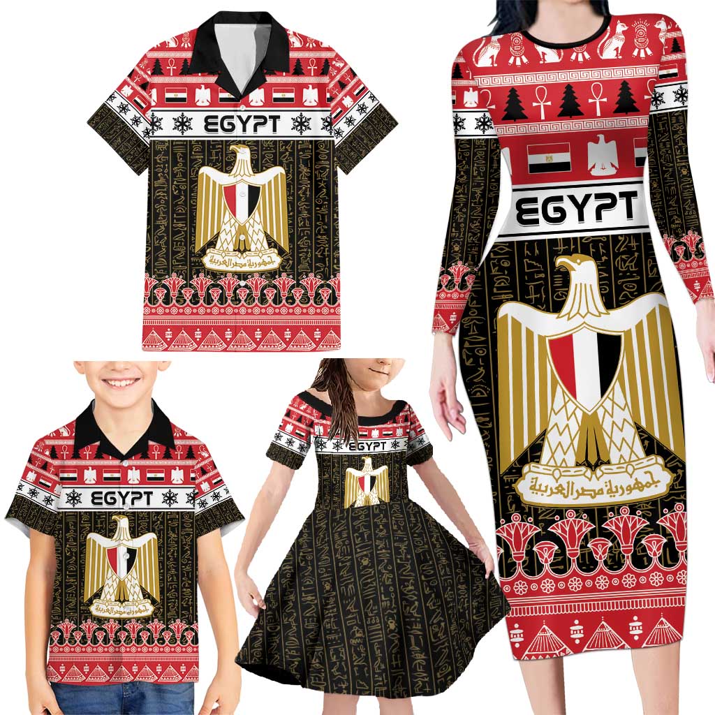 Egypt Christmas Family Matching Long Sleeve Bodycon Dress and Hawaiian Shirt Coat Of Arms Eid Milad Majid - Wonder Print Shop