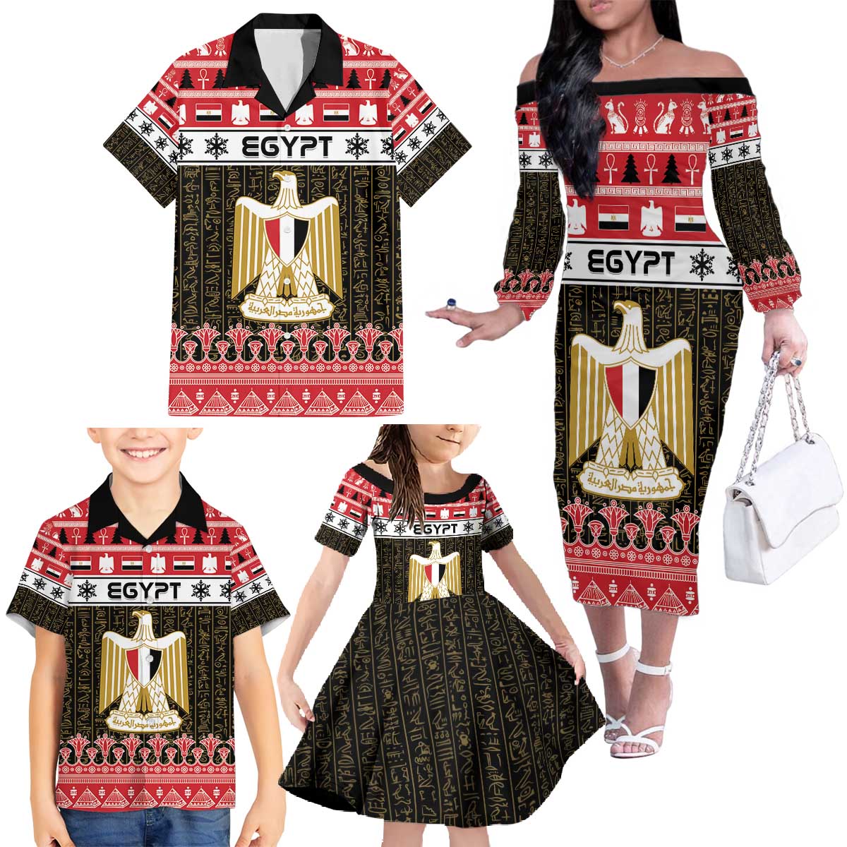 Egypt Christmas Family Matching Off The Shoulder Long Sleeve Dress and Hawaiian Shirt Coat Of Arms Eid Milad Majid - Wonder Print Shop