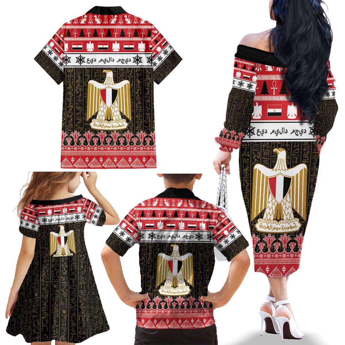 Egypt Christmas Family Matching Off The Shoulder Long Sleeve Dress and Hawaiian Shirt Coat Of Arms Eid Milad Majid - Wonder Print Shop