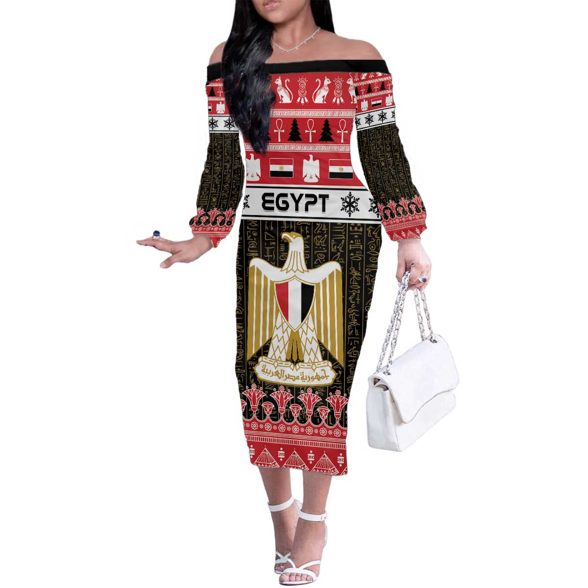 Egypt Christmas Family Matching Off The Shoulder Long Sleeve Dress and Hawaiian Shirt Coat Of Arms Eid Milad Majid - Wonder Print Shop