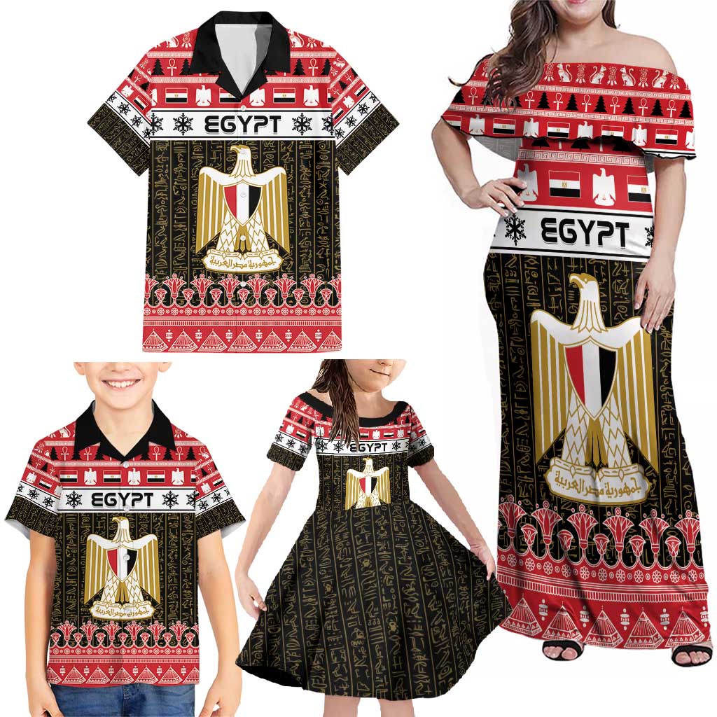 Egypt Christmas Family Matching Off Shoulder Maxi Dress and Hawaiian Shirt Coat Of Arms Eid Milad Majid - Wonder Print Shop