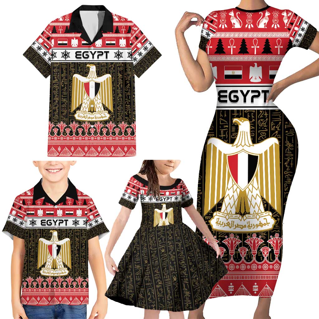 Egypt Christmas Family Matching Short Sleeve Bodycon Dress and Hawaiian Shirt Coat Of Arms Eid Milad Majid - Wonder Print Shop