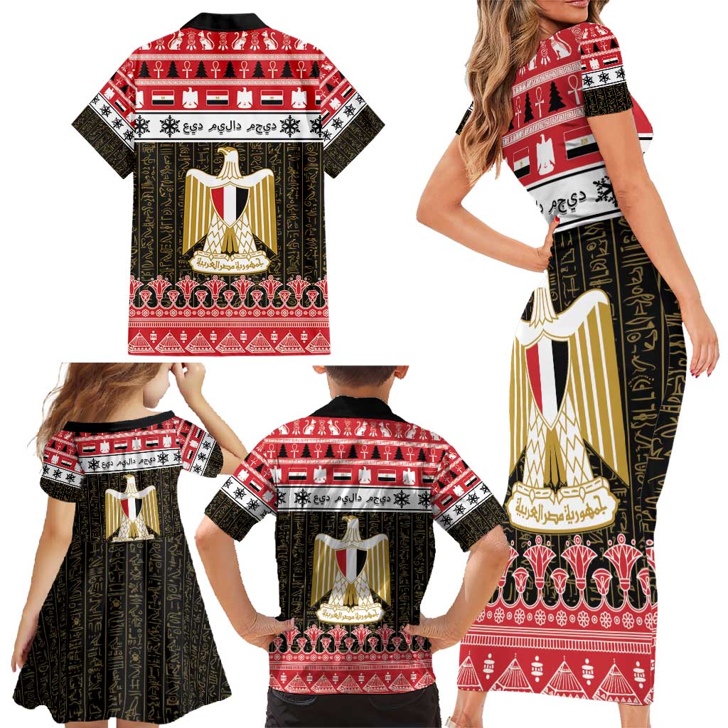 Egypt Christmas Family Matching Short Sleeve Bodycon Dress and Hawaiian Shirt Coat Of Arms Eid Milad Majid - Wonder Print Shop