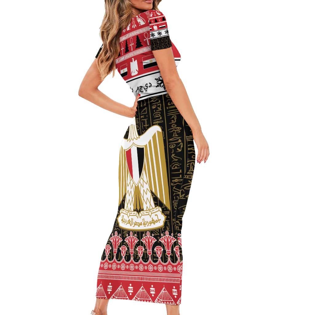 Egypt Christmas Family Matching Short Sleeve Bodycon Dress and Hawaiian Shirt Coat Of Arms Eid Milad Majid - Wonder Print Shop