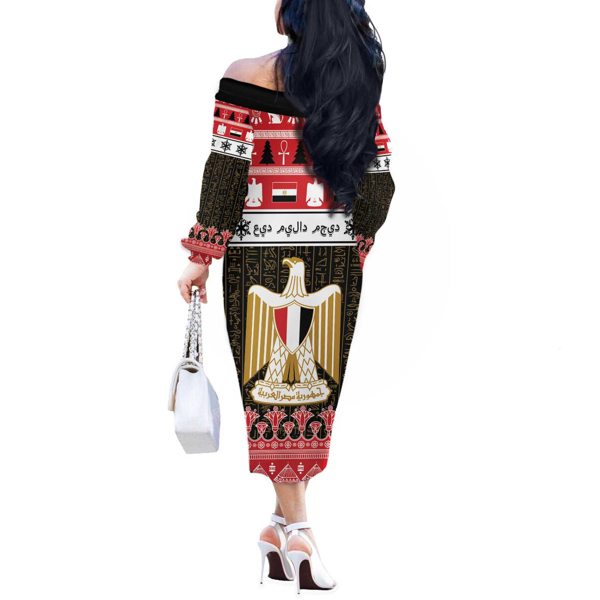 Egypt Christmas Off The Shoulder Long Sleeve Dress Coat Of Arms Eid Milad Majid - Wonder Print Shop