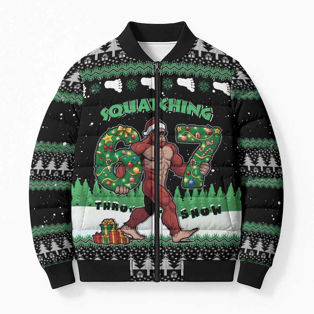 Funny Bigfoot 67 Six Seven Christmas Bomber Puffer Jacket Squatching Through The Snow - Wonder Print Shop