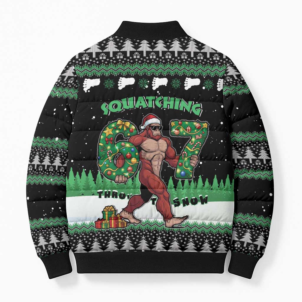 Funny Bigfoot 67 Six Seven Christmas Bomber Puffer Jacket Squatching Through The Snow - Wonder Print Shop