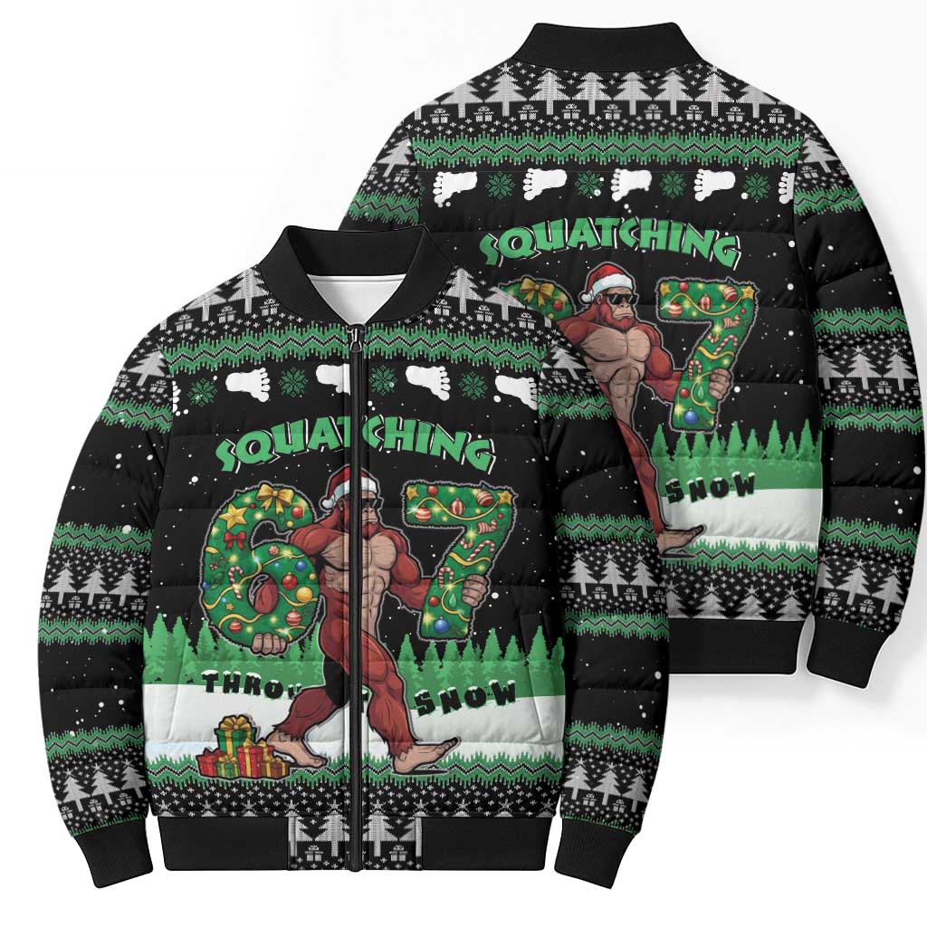 Funny Bigfoot 67 Six Seven Christmas Bomber Puffer Jacket Squatching Through The Snow - Wonder Print Shop