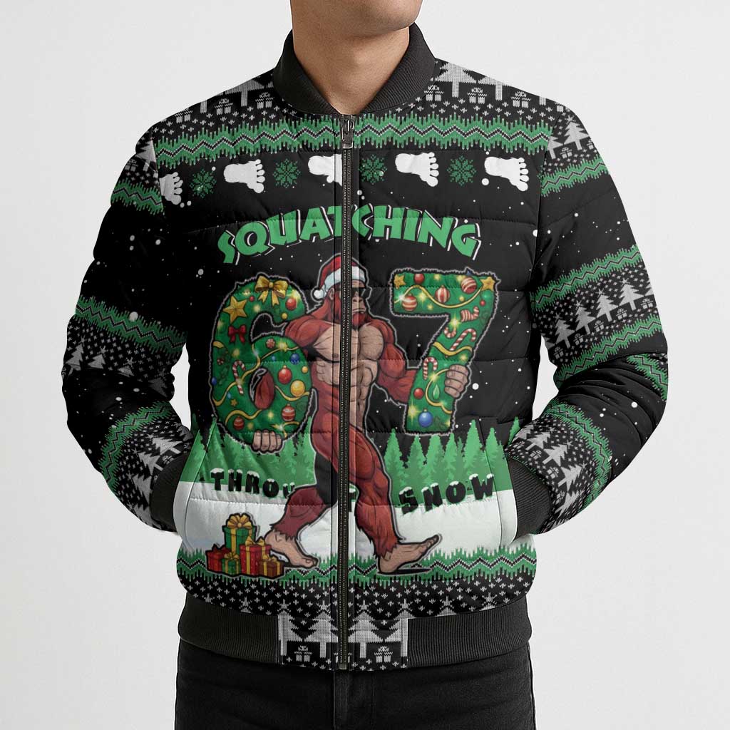 Funny Bigfoot 67 Six Seven Christmas Bomber Puffer Jacket Squatching Through The Snow - Wonder Print Shop