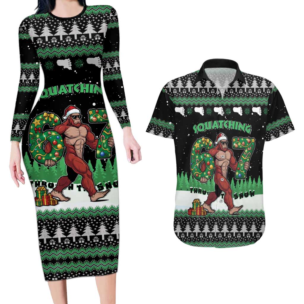 Funny Bigfoot 67 Six Seven Christmas Couples Matching Long Sleeve Bodycon Dress and Hawaiian Shirt Squatching Through The Snow - Wonder Print Shop