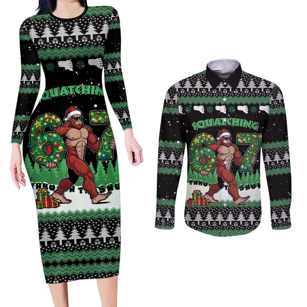 Funny Bigfoot 67 Six Seven Christmas Couples Matching Long Sleeve Bodycon Dress and Long Sleeve Button Shirt Squatching Through The Snow - Wonder Print Shop