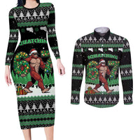 Funny Bigfoot 67 Six Seven Christmas Couples Matching Long Sleeve Bodycon Dress and Long Sleeve Button Shirt Squatching Through The Snow - Wonder Print Shop