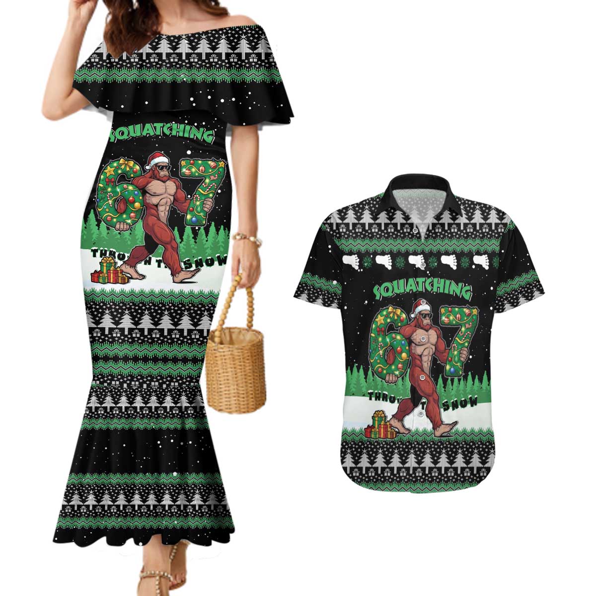 Funny Bigfoot 67 Six Seven Christmas Couples Matching Mermaid Dress and Hawaiian Shirt Squatching Through The Snow - Wonder Print Shop
