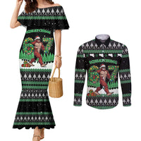 Funny Bigfoot 67 Six Seven Christmas Couples Matching Mermaid Dress and Long Sleeve Button Shirt Squatching Through The Snow - Wonder Print Shop