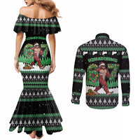 Funny Bigfoot 67 Six Seven Christmas Couples Matching Mermaid Dress and Long Sleeve Button Shirt Squatching Through The Snow - Wonder Print Shop