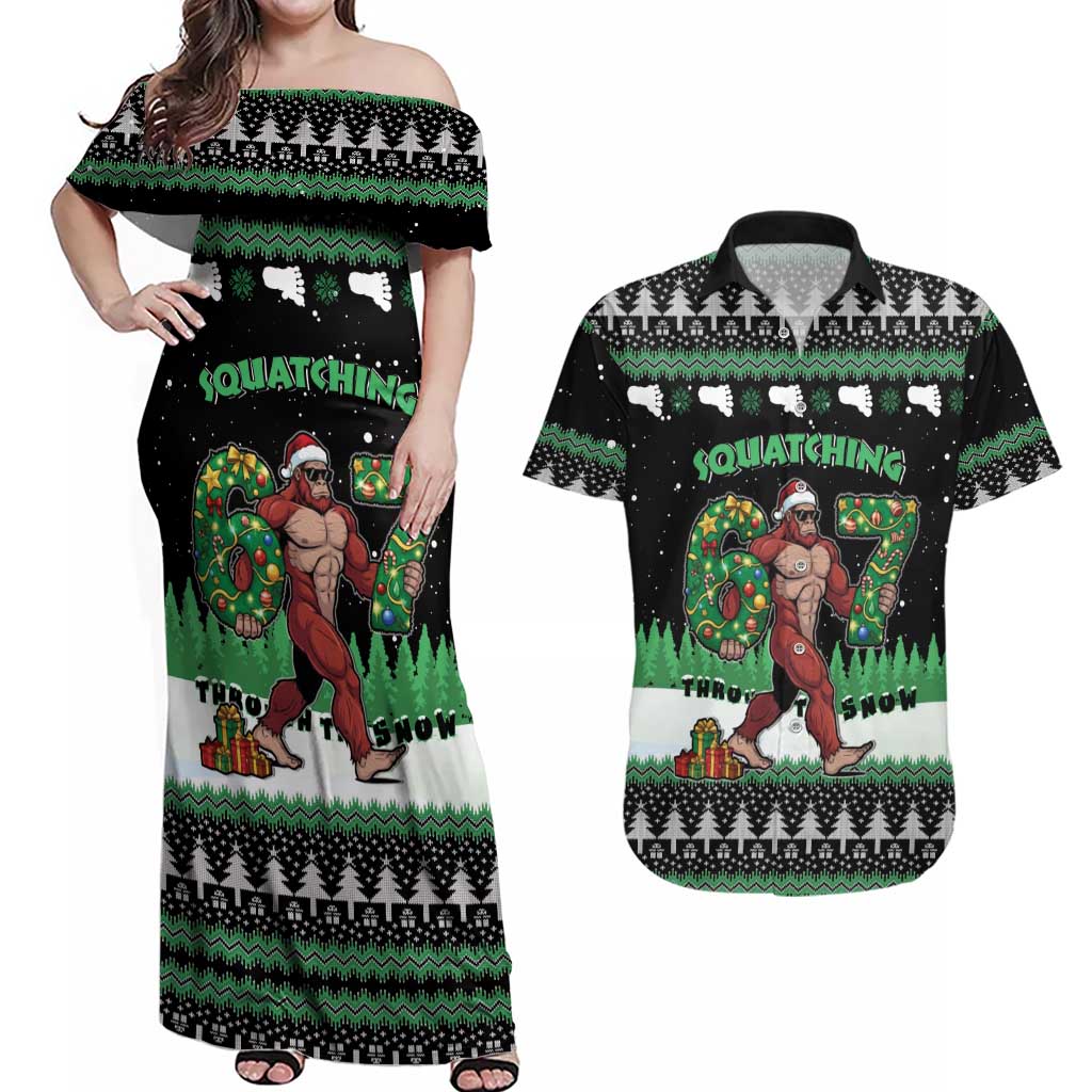 Funny Bigfoot 67 Six Seven Christmas Couples Matching Off Shoulder Maxi Dress and Hawaiian Shirt Squatching Through The Snow - Wonder Print Shop