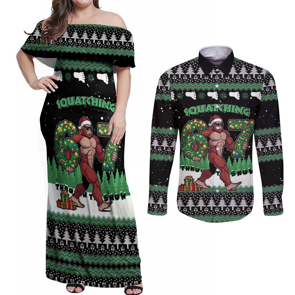 Funny Bigfoot 67 Six Seven Christmas Couples Matching Off Shoulder Maxi Dress and Long Sleeve Button Shirt Squatching Through The Snow - Wonder Print Shop