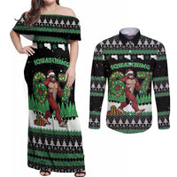 Funny Bigfoot 67 Six Seven Christmas Couples Matching Off Shoulder Maxi Dress and Long Sleeve Button Shirt Squatching Through The Snow - Wonder Print Shop
